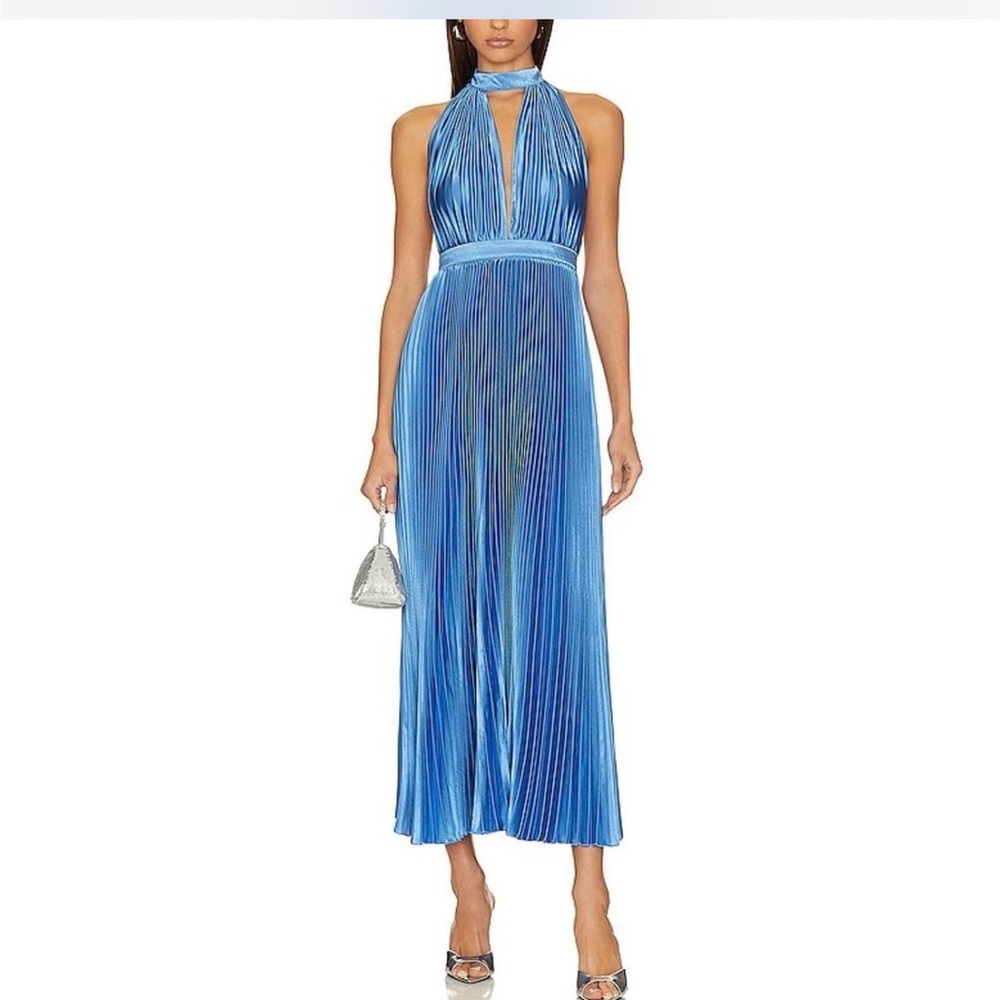 L’IDÉE Chateau Pleated Satin Halter Midi Dress